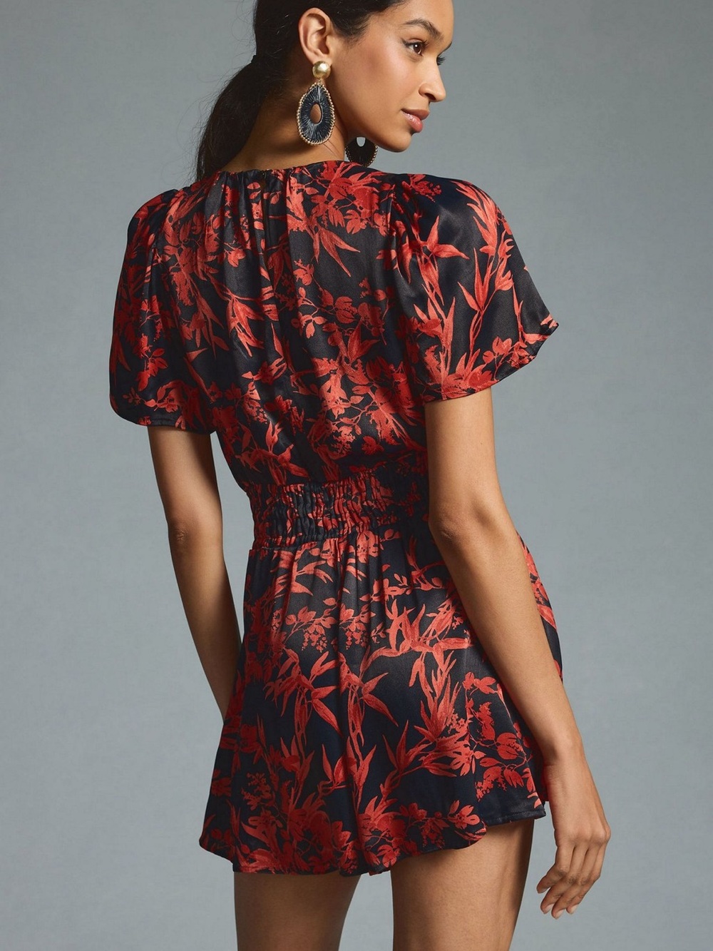 Anthropologie Red Floral V-Neck Romper M - Picture 2 of 5